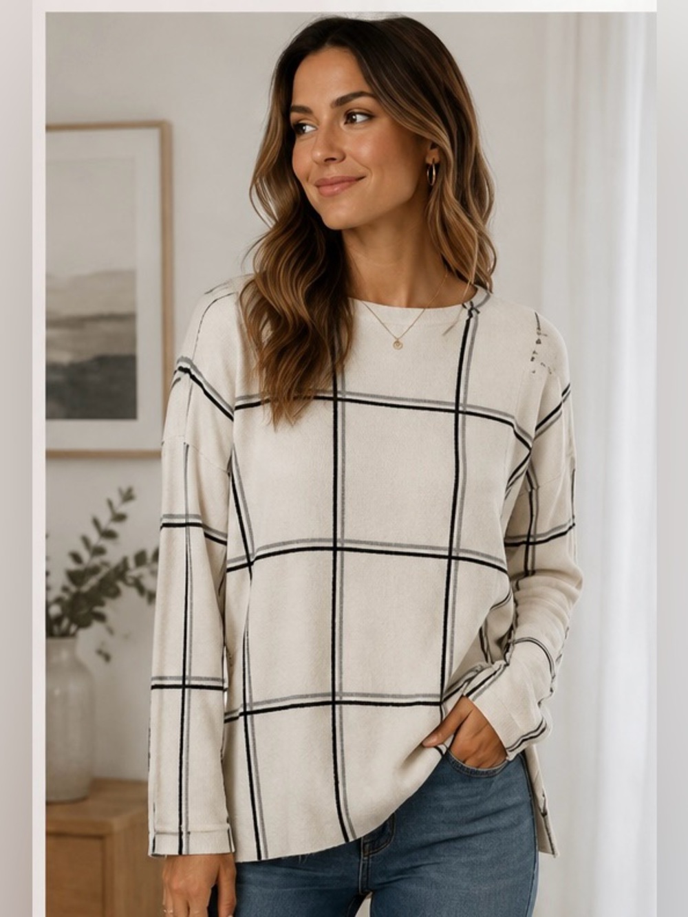 Jones & Co Windowpane Plaid Sweater Cream Black Lightweight Knit Women’s Medium